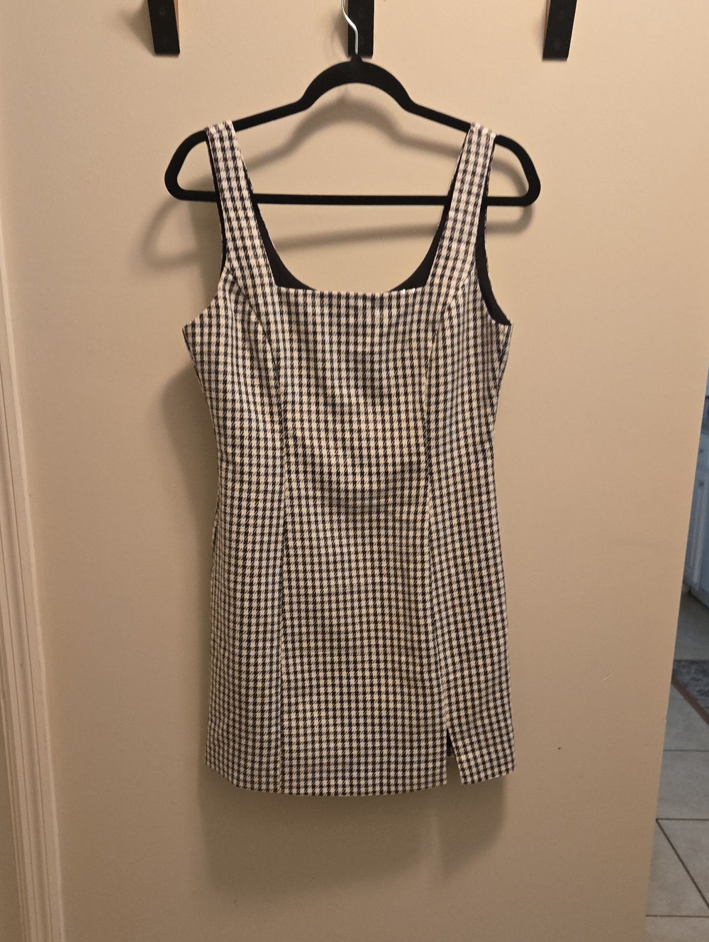 Wayf Black and White Houndstooth Square Neck Mini Dress